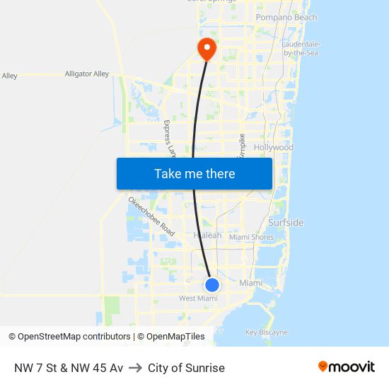 NW 7 St & NW 45 Av to City of Sunrise map