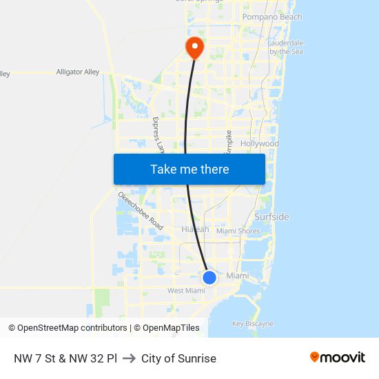 NW 7 St & NW 32 Pl to City of Sunrise map