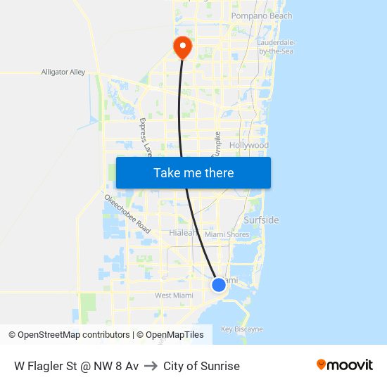 W Flagler St @ NW 8 Av to City of Sunrise map