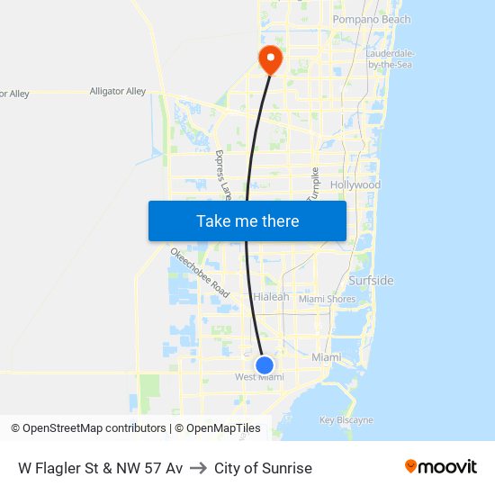 W Flagler St & NW 57 Av to City of Sunrise map