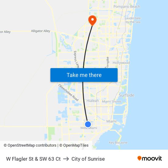 W Flagler St & SW 63 Ct to City of Sunrise map