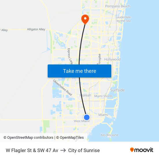 W Flagler St & SW 47 Av to City of Sunrise map