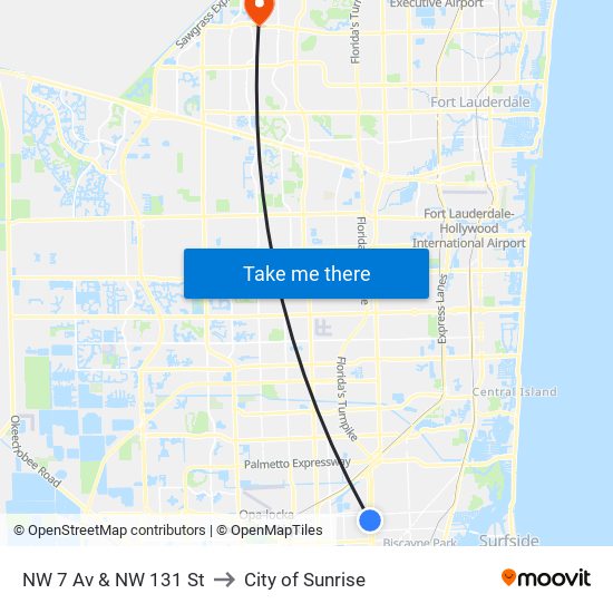 NW 7 Av & NW 131 St to City of Sunrise map