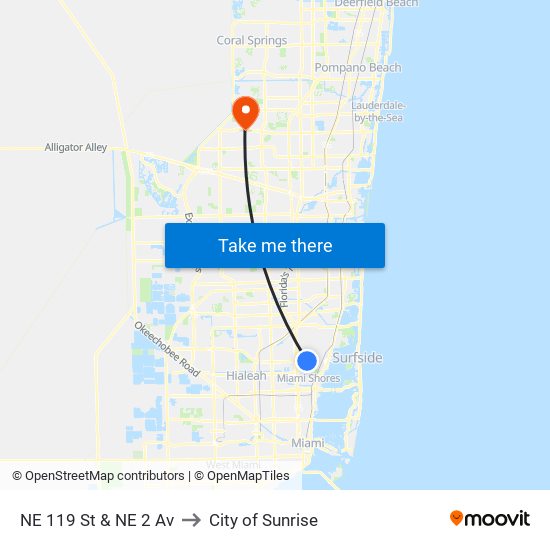 NE 119 St & NE 2 Av to City of Sunrise map