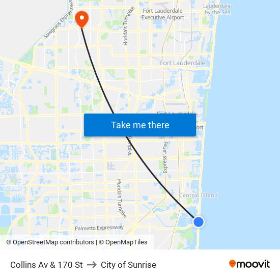 Collins Av & 170 St to City of Sunrise map