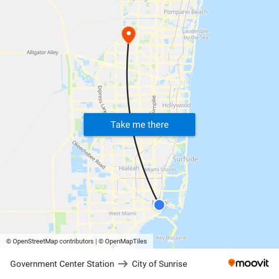 Government Center Station to City of Sunrise map