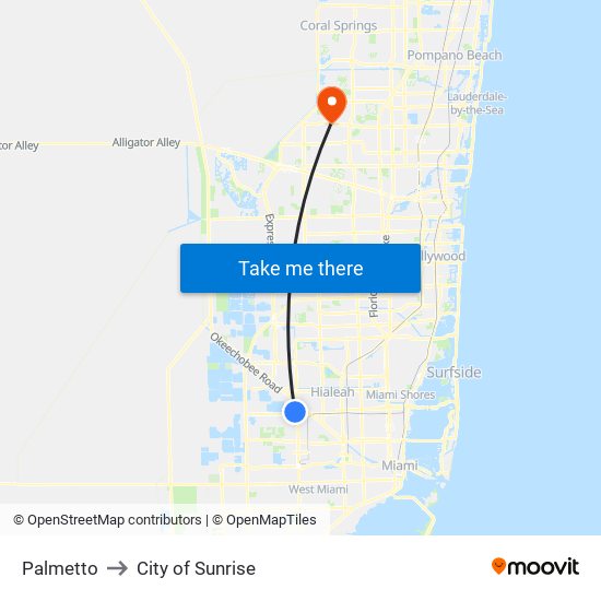 Palmetto to City of Sunrise map