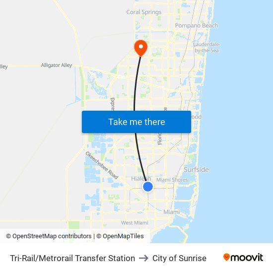 Tri-Rail/Metrorail Transfer Station to City of Sunrise map