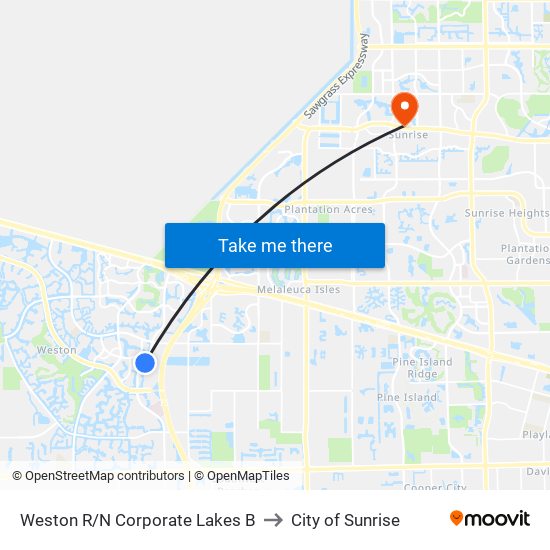 Weston R/N Corporate Lakes B to City of Sunrise map
