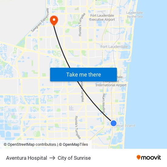 Aventura Hospital to City of Sunrise map