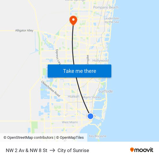 NW 2 Av & NW 8 St to City of Sunrise map