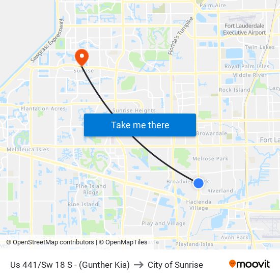 Us 441/Sw 18 S - (Gunther Kia) to City of Sunrise map