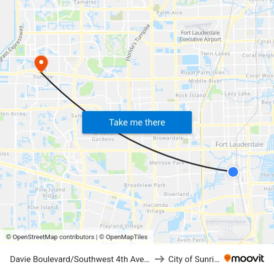 Davie Boulevard/Southwest 4th Avenue to City of Sunrise map
