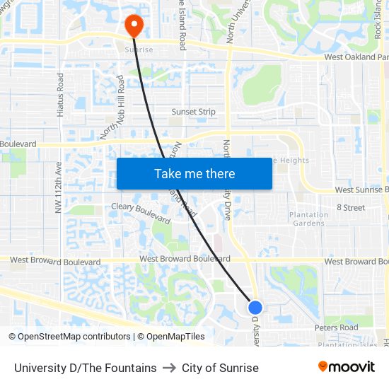 UNIVERSITY D/THE FOUNTAINS to City of Sunrise map