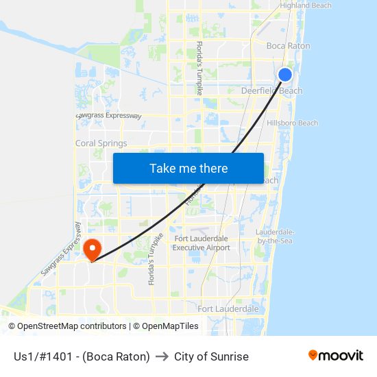 Us1/#1401 - (Boca Raton) to City of Sunrise map