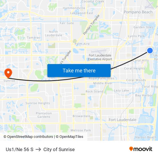 US1/NE 56 S to City of Sunrise map