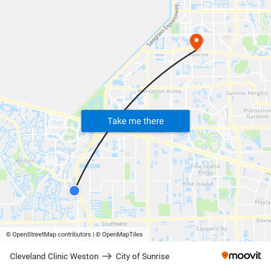 Cleveland Clinic Weston to City of Sunrise map