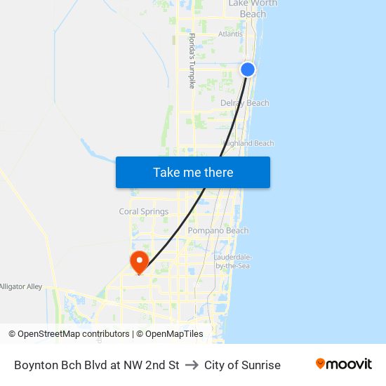 Boynton Bch Blvd at NW 2nd St to City of Sunrise map