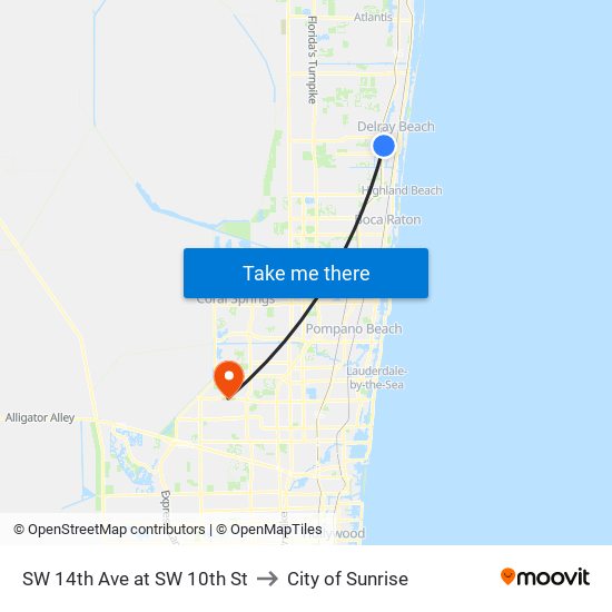 SW 14th Ave at SW 10th St to City of Sunrise map