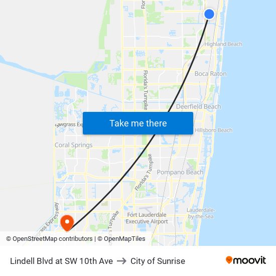 LINDELL BLVD at SW 10TH AVE to City of Sunrise map