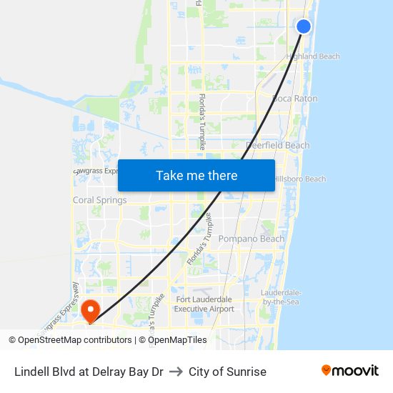 Lindell Blvd at Delray Bay Dr to City of Sunrise map