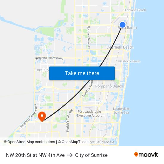 NW 20th St at NW 4th Ave to City of Sunrise map