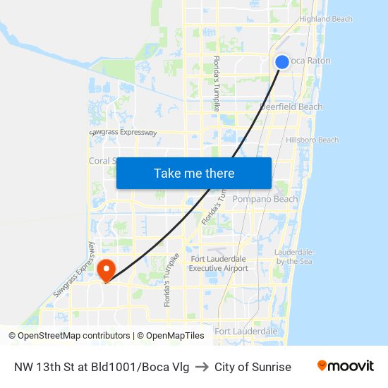 NW 13th St at Bld1001/Boca Vlg to City of Sunrise map