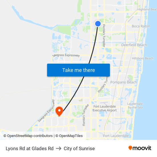 Lyons Rd at Glades Rd to City of Sunrise map