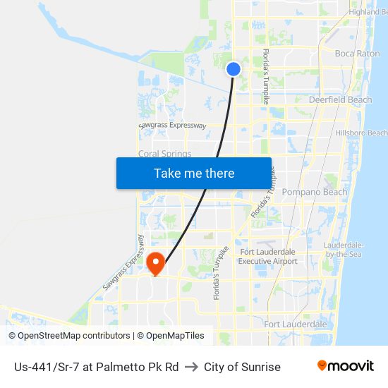 Us-441/Sr-7 at Palmetto Pk Rd to City of Sunrise map