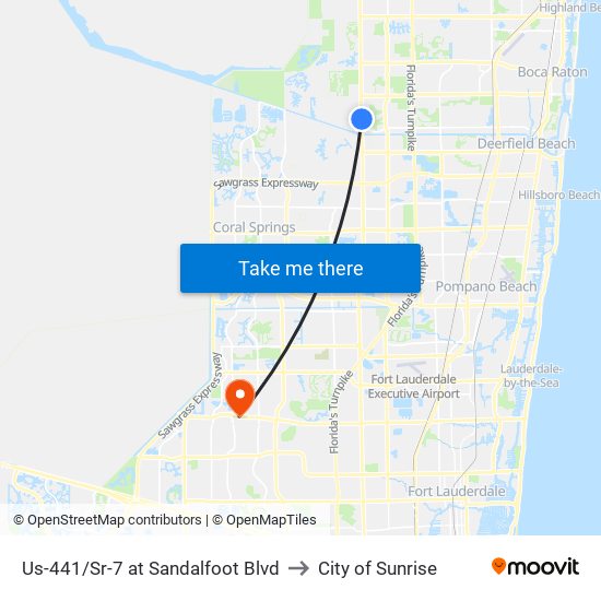 Us-441/Sr-7 at Sandalfoot Blvd to City of Sunrise map