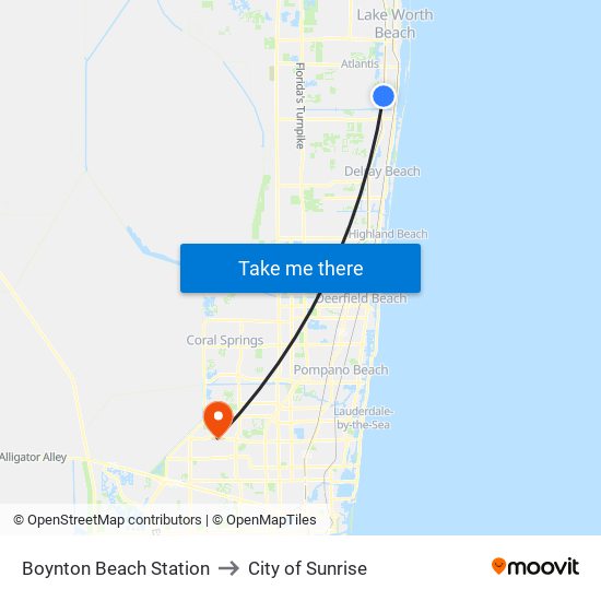 Boynton Beach Station to City of Sunrise map