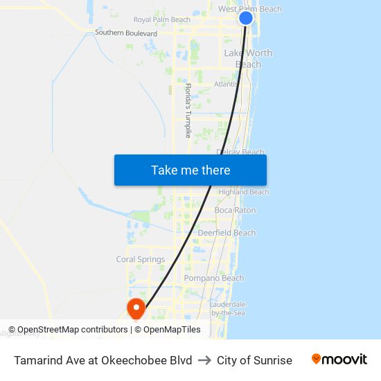 Tamarind Ave at Okeechobee Blvd to City of Sunrise map