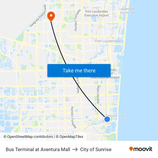 Bus Terminal at Aventura Mall to City of Sunrise map