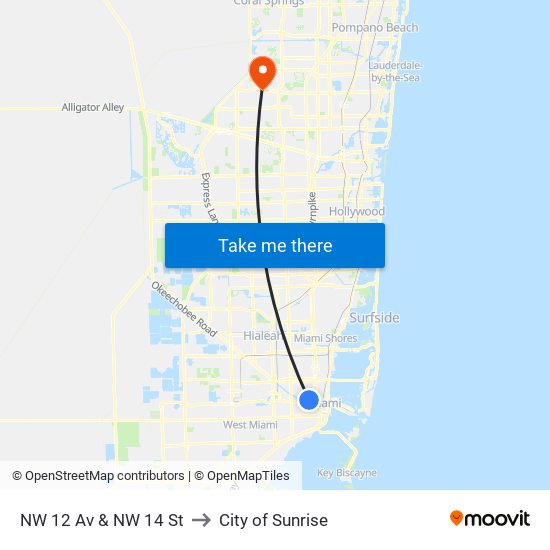 NW 12 Av & NW 14 St to City of Sunrise map