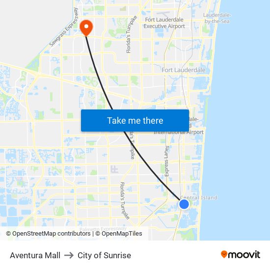 Aventura Mall to City of Sunrise map