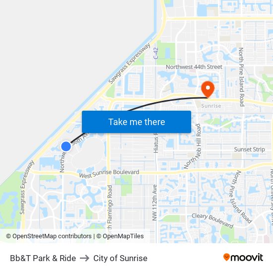Bb&T Park & Ride to City of Sunrise map