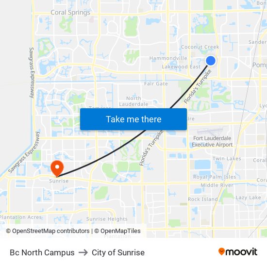 Bc North Campus to City of Sunrise map