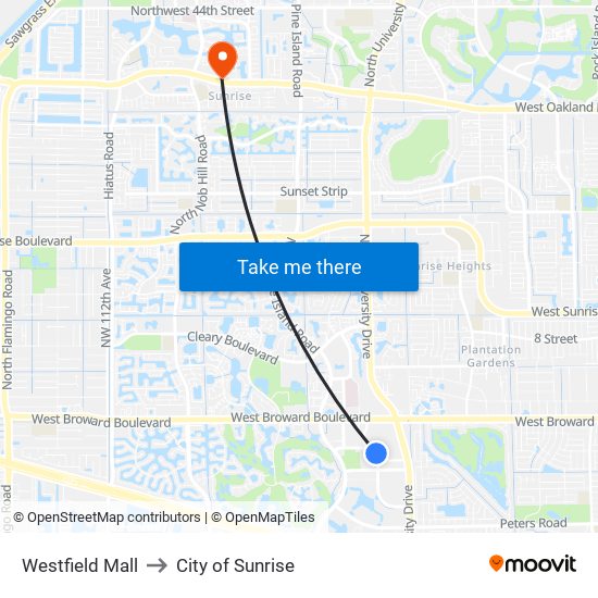 Westfield Mall to City of Sunrise map