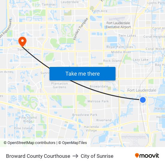 Broward County Courthouse to City of Sunrise map