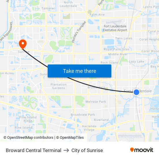 Broward Central Terminal to City of Sunrise map