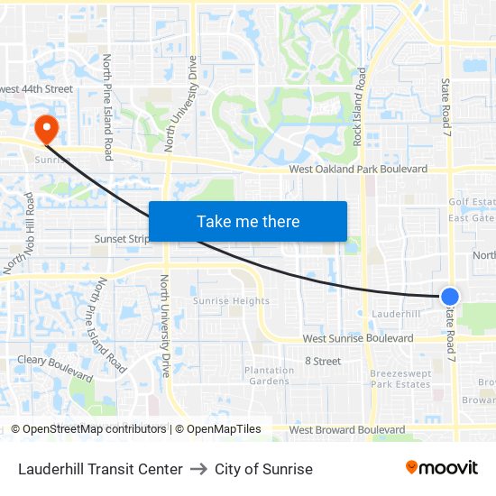 Lauderhill Transit Center to City of Sunrise map