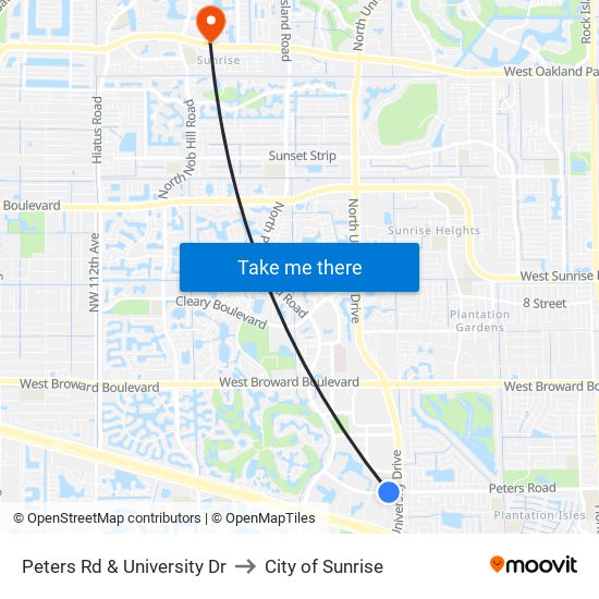 Peters Rd & University Dr to City of Sunrise map