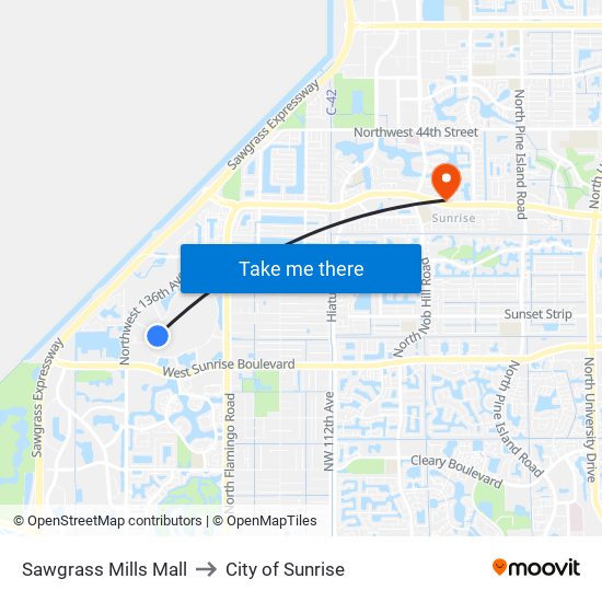 Sawgrass Mills Mall to City of Sunrise map