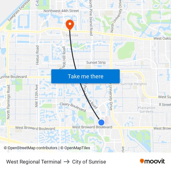 West Regional Terminal to City of Sunrise map