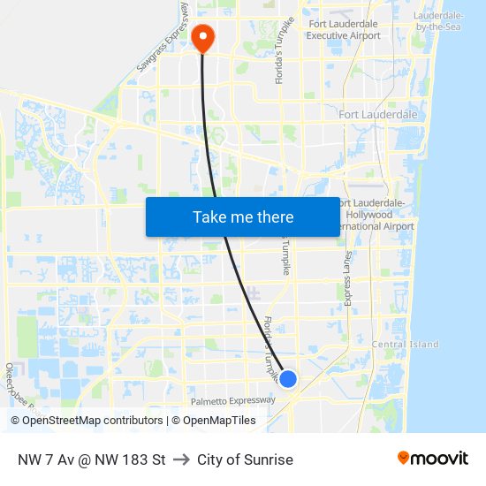 NW 7 Av @ NW 183 St to City of Sunrise map