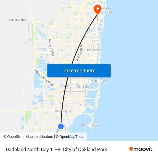 Dadeland North Bay 1 to City of Oakland Park map