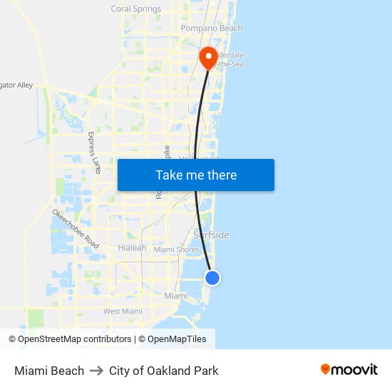 Miami Beach to City of Oakland Park map