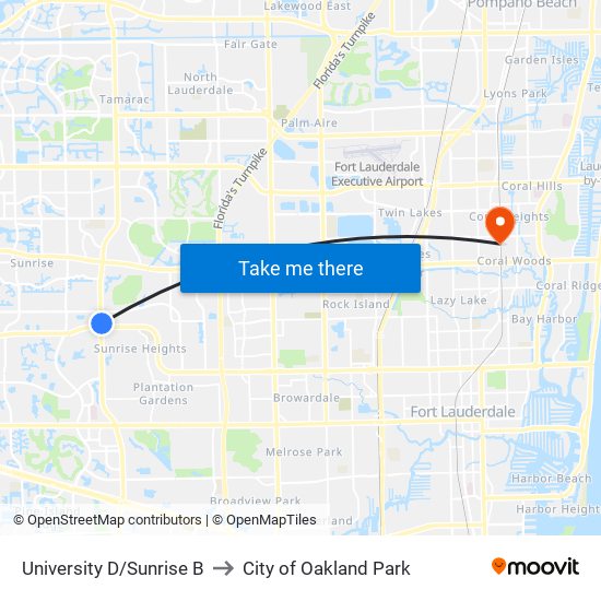 University D/Sunrise B to City of Oakland Park map