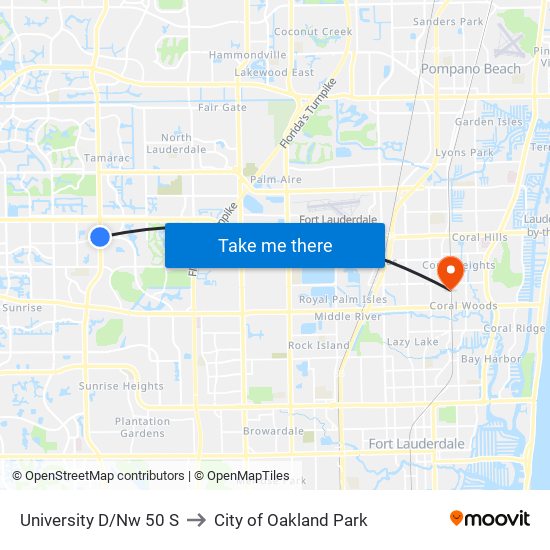 University D/Nw 50 S to City of Oakland Park map