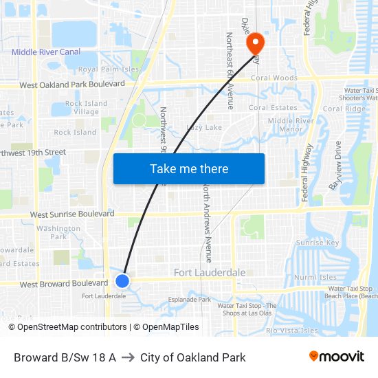 Broward B/Sw 18 A to City of Oakland Park map